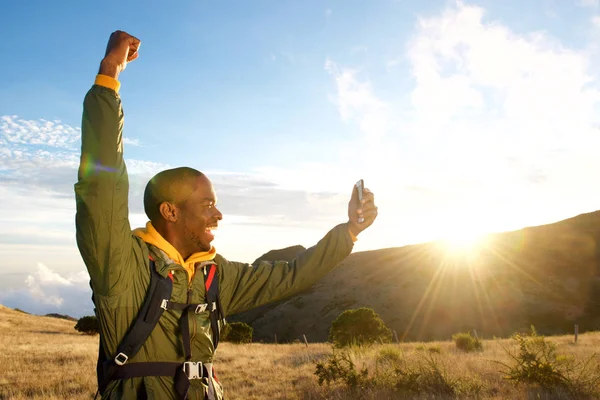 Profile Portrait Happy Man Hiking Mountains Arm Raised Taking Selfie — Stock Photo, Image