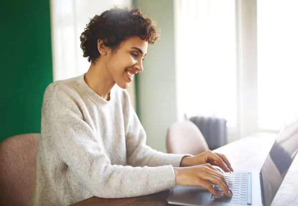 Side Portrait Happy African American Woman Working Laptop Computer Home — Stock Photo, Image