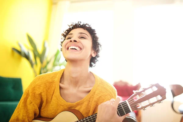 Close Portrait Happy Young African American Woman Laughing Guitar — Stock Photo, Image