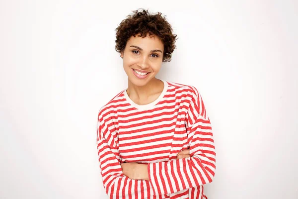 Retrato Mulher Afro Americana Sorridente Camisa Listrada Contra Fundo Branco — Fotografia de Stock