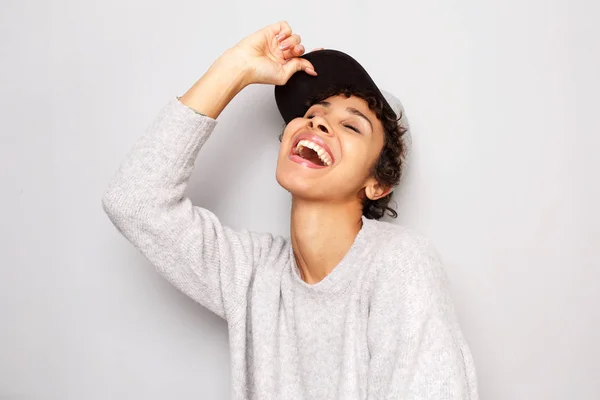 Close Portrait Stylish Young Woman Laughing Cap White Wall — Stock Photo, Image