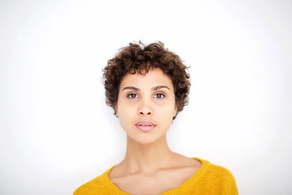 Close Front Portrait Beautiful Young African American Woman Isolated White — Stock Photo, Image