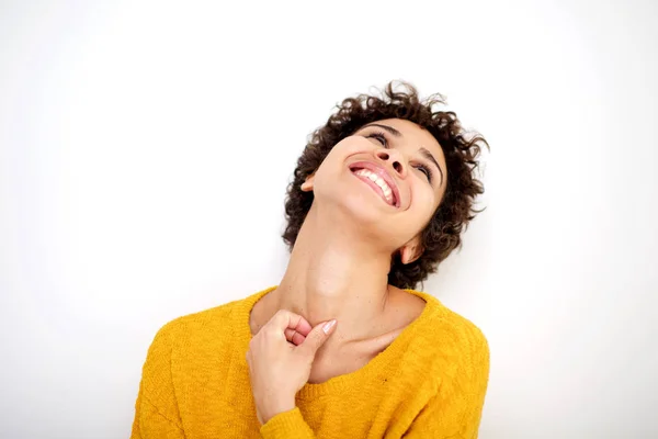 Retrato Cerca Joven Riendo Mirando Hacia Arriba Por Fondo Blanco — Foto de Stock