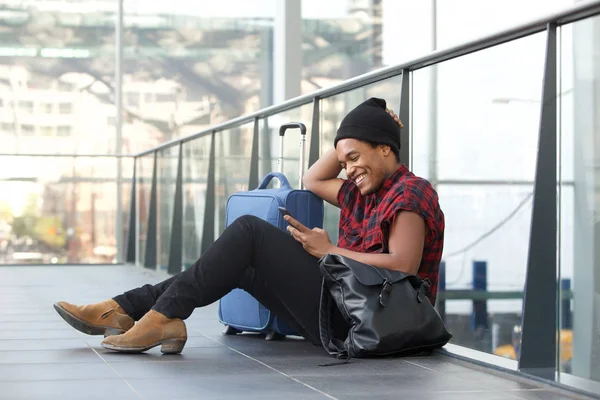 Portrait Young Travel Man Sitting Floor Station Luggage Looking Mobile — Stock Photo, Image