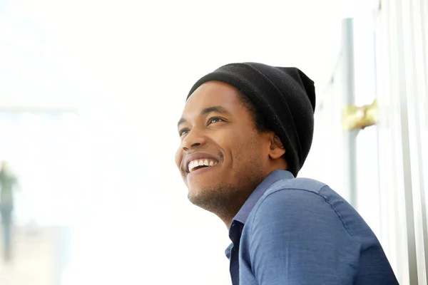 Close Side Portrait Handsome Young Black Man Smiling Looking Away — Stock Photo, Image