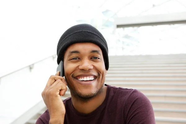 Close Portrait Handsome African American Man Smiling Talking Mobile Phone — Stock Photo, Image