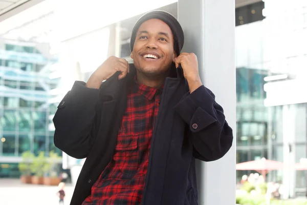 Portrait Happy Black Man Holding Collar Winter Jacket — Stock Photo, Image