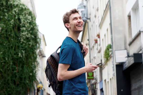 Side Portrait Happy Young Man City Cellphone Backpack — Stock Photo, Image