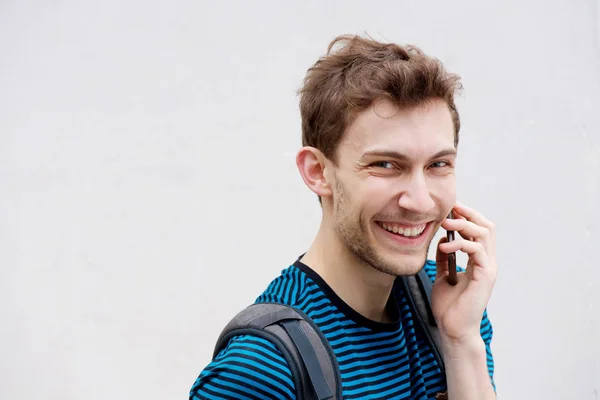 Close Portrait Young Man Talking Cellphone Laughing White Background — Stock Photo, Image