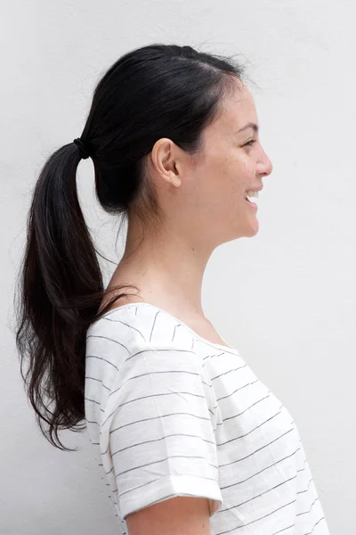 Close Side Portrait Young Smiling Woman Ponytail — Stock Photo, Image