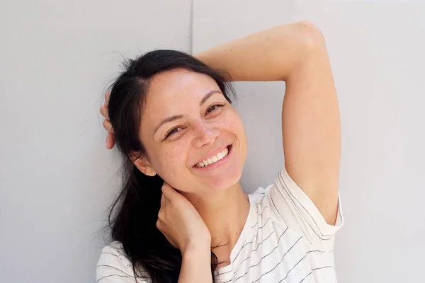 Close Portrait Smiling Young Asian Woman Hands Head — Stock Photo, Image