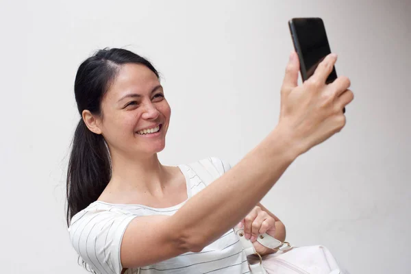 Close Portrait Smiling Young Asian Woman Taking Selfie Mobile Phone — Stock Photo, Image