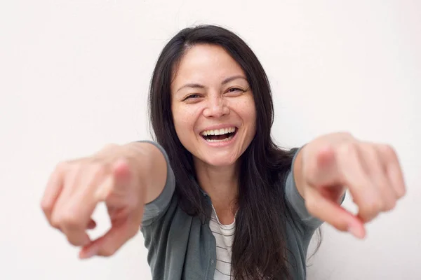 Portrait Happy Asian Woman Pointing Fingers White Wall — Stock Photo, Image