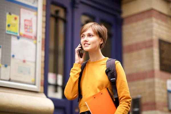 Portrait Young Female Student Talking Mobile Phone University — Stock Photo, Image