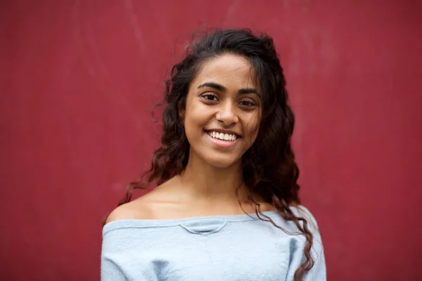 Close Front Portrait Beautiful Young Indian Woman Happy Expression Red — Stock Photo, Image