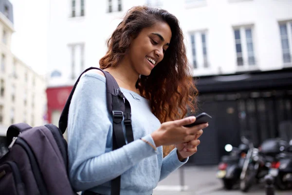 Side Portrait Smiling Young Indian Woman Walking City Bag Looking — Stock Photo, Image