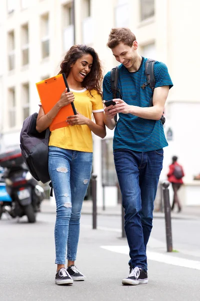 Full Length Portrait Two Happy College Students Walking City Looking — Stock Photo, Image