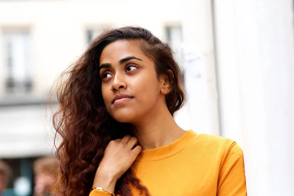 Close Portrait Beautiful Young Indian Woman Piercing Looking Away — Stock Photo, Image