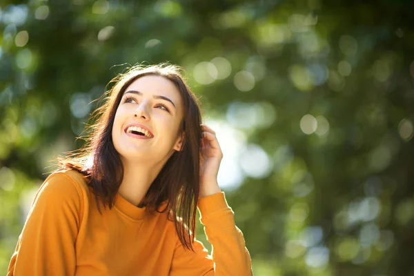 Close Portrait Happy Young Woman Laughing Park Hand Hair — Stock Photo, Image