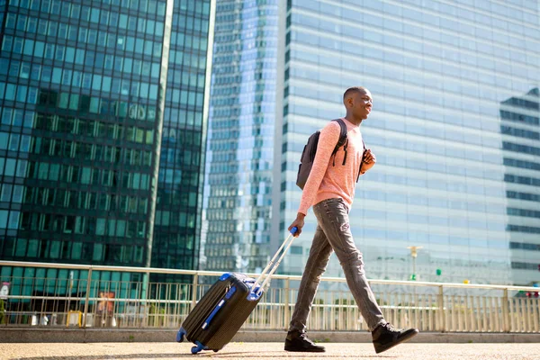 Full Length Side Portrait Young Black Man Walking Suitcase City — Stock Photo, Image