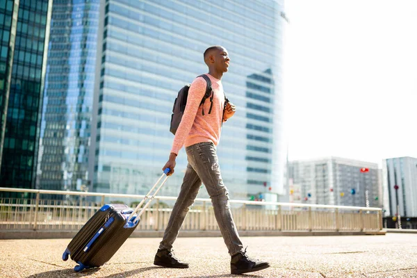 Full Body Side Portrait Young Black Man Walking Suitcase City — Stock Photo, Image