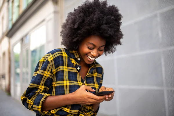 Portrait Young Black Woman Walking Street Looking Cellphone — Stock Photo, Image