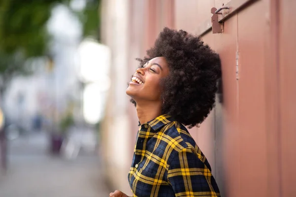 Side Portrait Happy Young Woman Laughing Looking — ストック写真