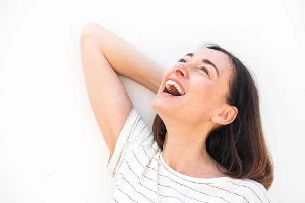 Close Portrait Attractive Older Woman Laughing White Background Hand Hair — Stock Photo, Image