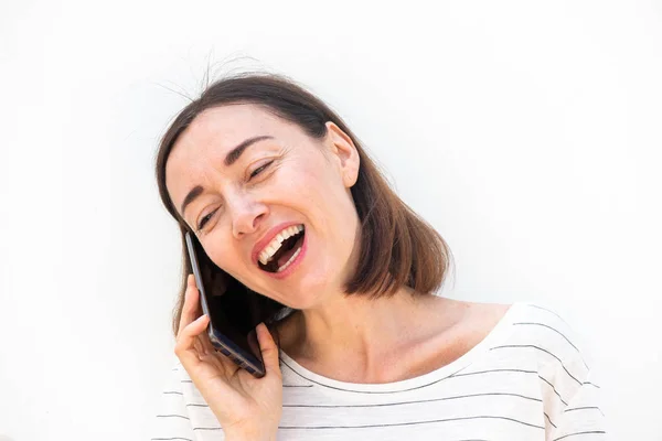 Retrato Mujer Mediana Edad Feliz Hablando Con Teléfono Móvil Por — Foto de Stock
