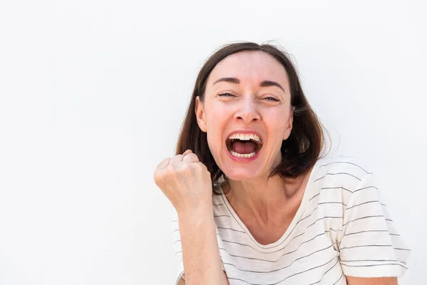 Close Retrato Alegre Mulher Meia Idade Torcendo Com Primeira Bomba — Fotografia de Stock