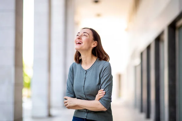 Portrait Attractive Middle Aged Woman Laughing Arms Crossed — Stockfoto