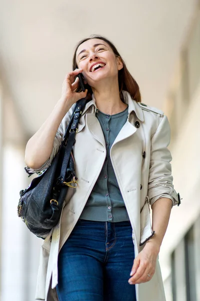 Portrait Happy Older Woman Walking Talking Cellphone — Stockfoto