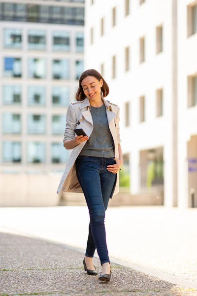 Full Body Portrait Happy Woman Walking City Cellphone — Stockfoto