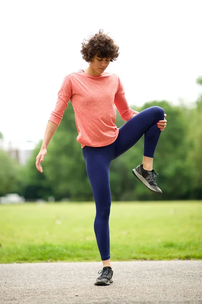 Full Body Portrait Active Woman Stretching Muscle Park Standing One — 图库照片
