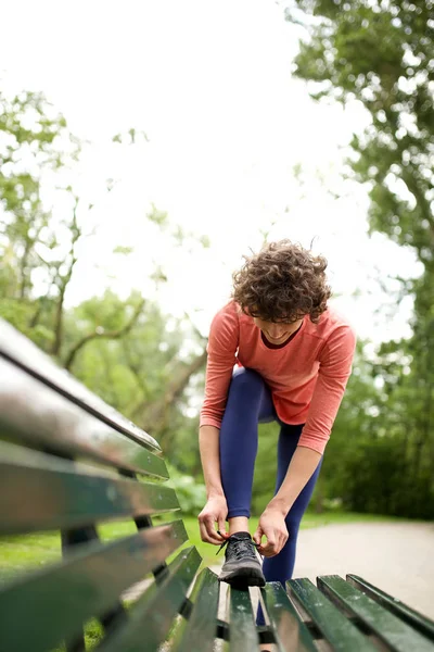 Portrait Woman Runner Tying Shoelace Outdoor Bench — Stock Photo, Image