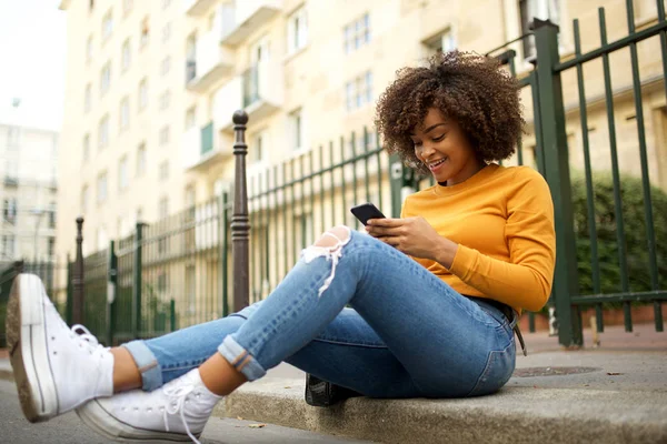 Portrait Cool Young African American Woman Sitting Street Mobile Phone — Stock Photo, Image