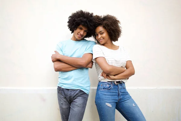 Portrait Cool Young African American Couple Standing White Background Arms — Zdjęcie stockowe