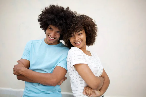 Portrait Happy African American Couple Arms Crossed White Wall — Stok Foto