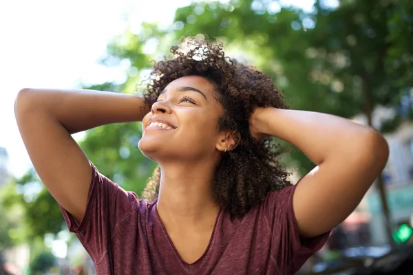 Close Portrait Smiling African American Girl Hands Curly Hair Looking — Stock Photo, Image