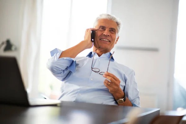 Portrait Happy Businessman Talking Cellphone Office — Stock Photo, Image