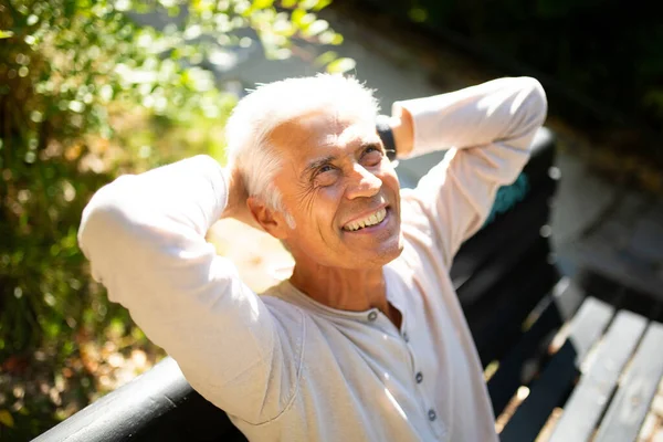 Cerca Retrato Guapo Hombre Mayor Relajarse Parque Con Las Manos —  Fotos de Stock