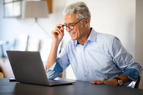 Close Portrait Businessman Glasses Looking Laptop Computer — Stock Photo, Image