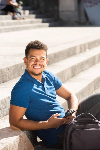 Close Side Portrait Smiling Young African American Man Sitting Steps — Stock Photo, Image