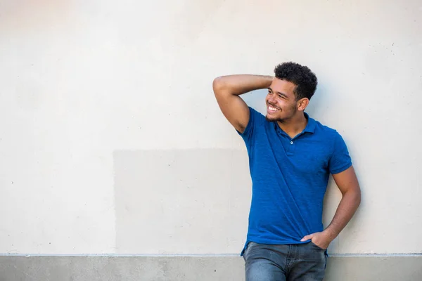 Portrait Cheerful Young Mixed Race Man Leaning White Wall Hand — Stok Foto
