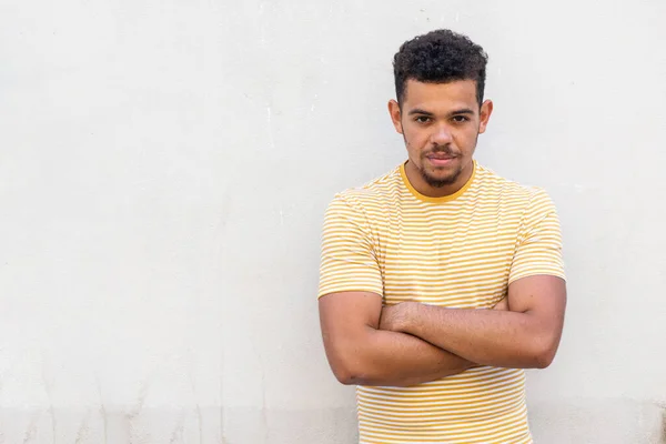 Close Front Portrait Cool Young Mixed Race Man Looking Arms — Stok Foto