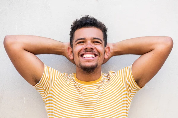 Close Portrait Handsome Young African American Man Laughing Hands Head — ストック写真