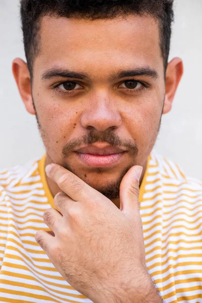 Close Portrait Cool Young African American Man Staring Hand Chin — Stock Photo, Image