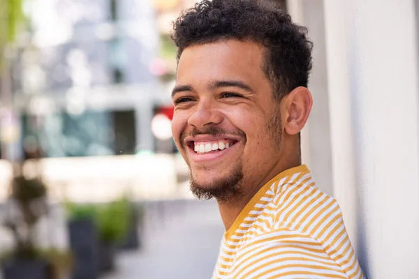 Close Side Portrait Happy Young Mixed Race Man Looking Away — Stok Foto