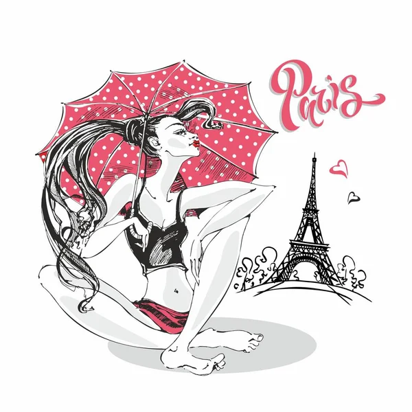 Modelo Niña Con Paraguas Lunares Rojos Torre Eiffel París Estilo — Vector de stock