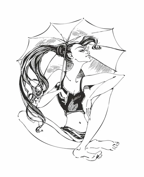 Mädchen Unter Einem Regenschirm Sitzend Barfuß Skizze Gezeichnet Stilvolle Grafik — Stockvektor